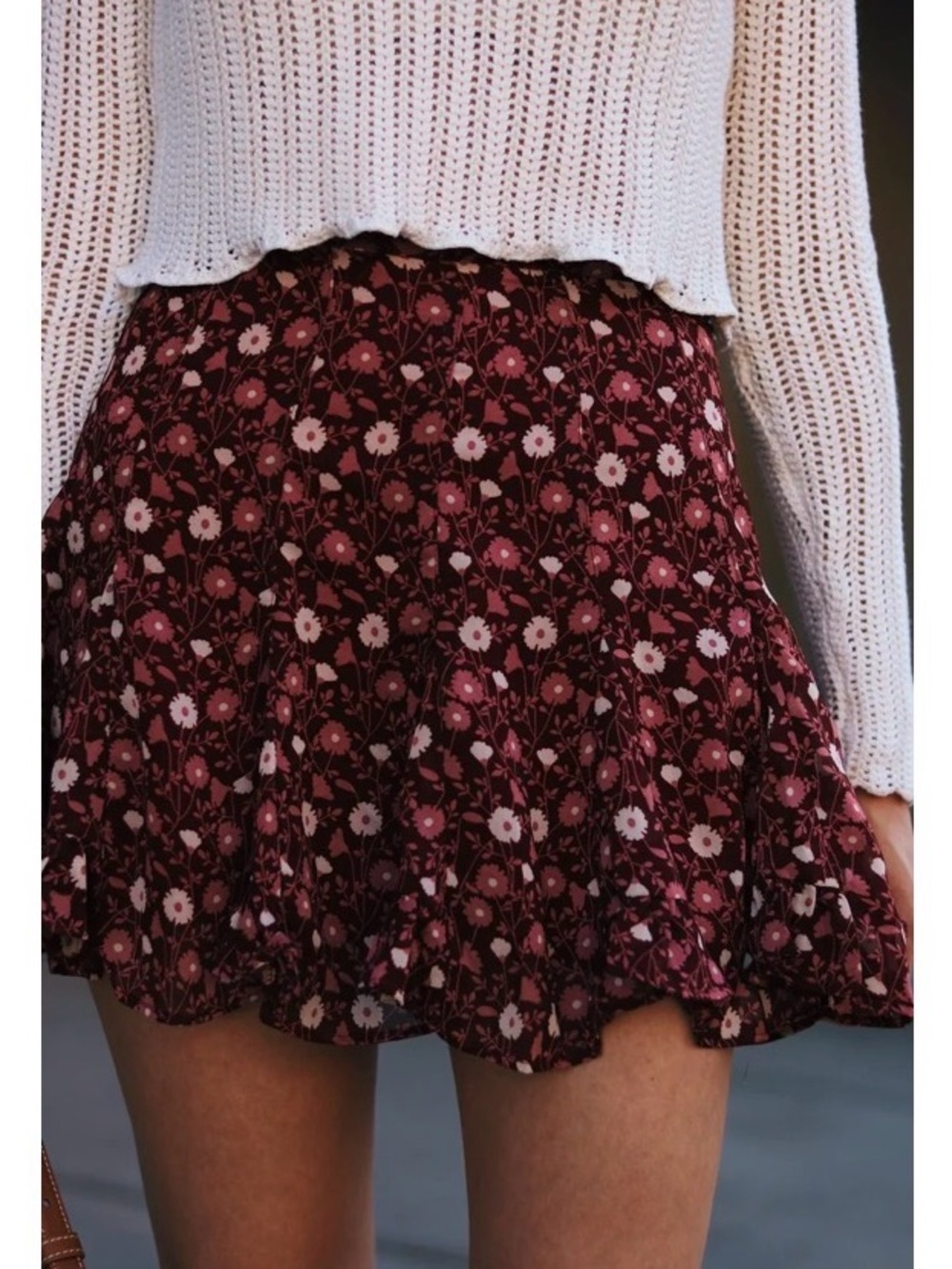 Vici Burgundy Floral Circle Skirt with White Daisy Print